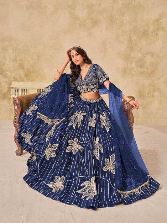 Lehenga bleu nuit de soirée avec fleurs en soie artificielle COLLECTION RIYAH