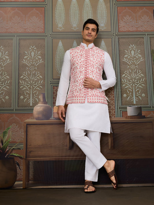 Kurta Homme 3 pièces avec veste koti brodée rose clair en soie et coton