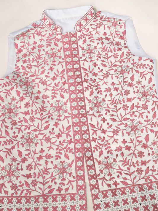 Kurta Homme 3 pièces avec veste koti brodée rose clair en soie et coton