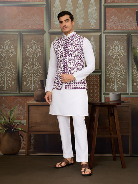 Kurta Homme 3 pièces avec veste koti brodée violet en soie et coton