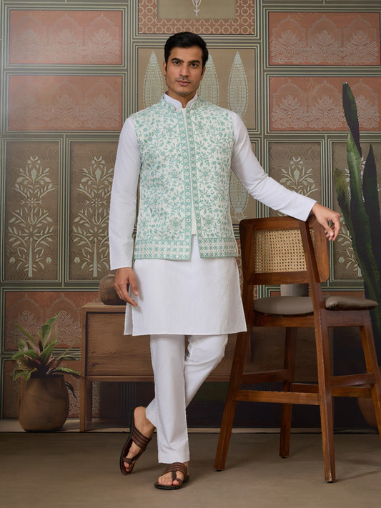 Kurta Homme 3 pièces avec veste koti brodée vert menthe en soie et coton