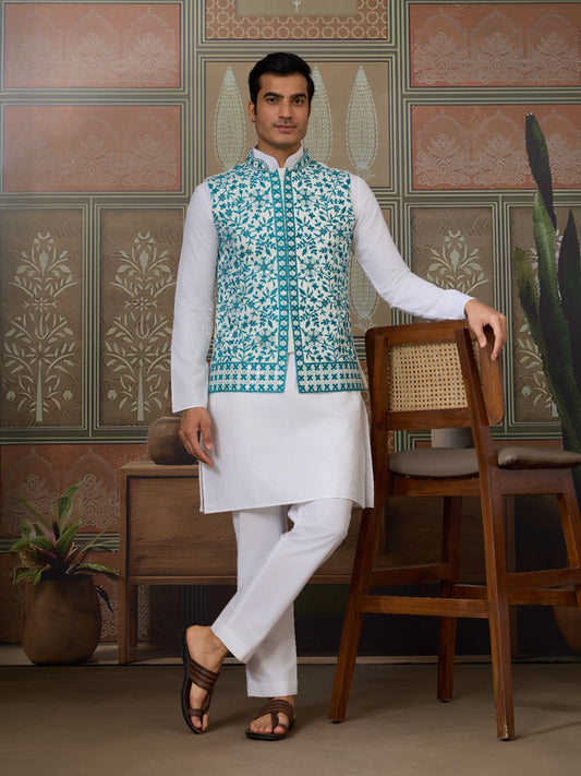Kurta Homme 3 pièces avec veste koti brodée bleu canard en soie et coton
