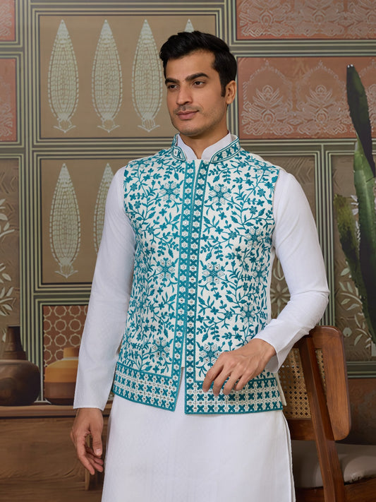 Kurta Homme 3 pièces avec veste koti brodée bleu canard en soie et coton