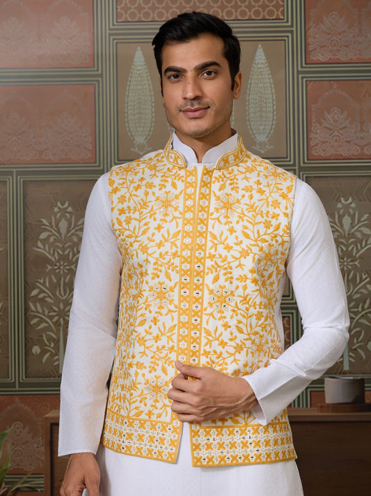 Kurta Homme 3 pièces avec veste koti brodée jaune clair en soie et coton