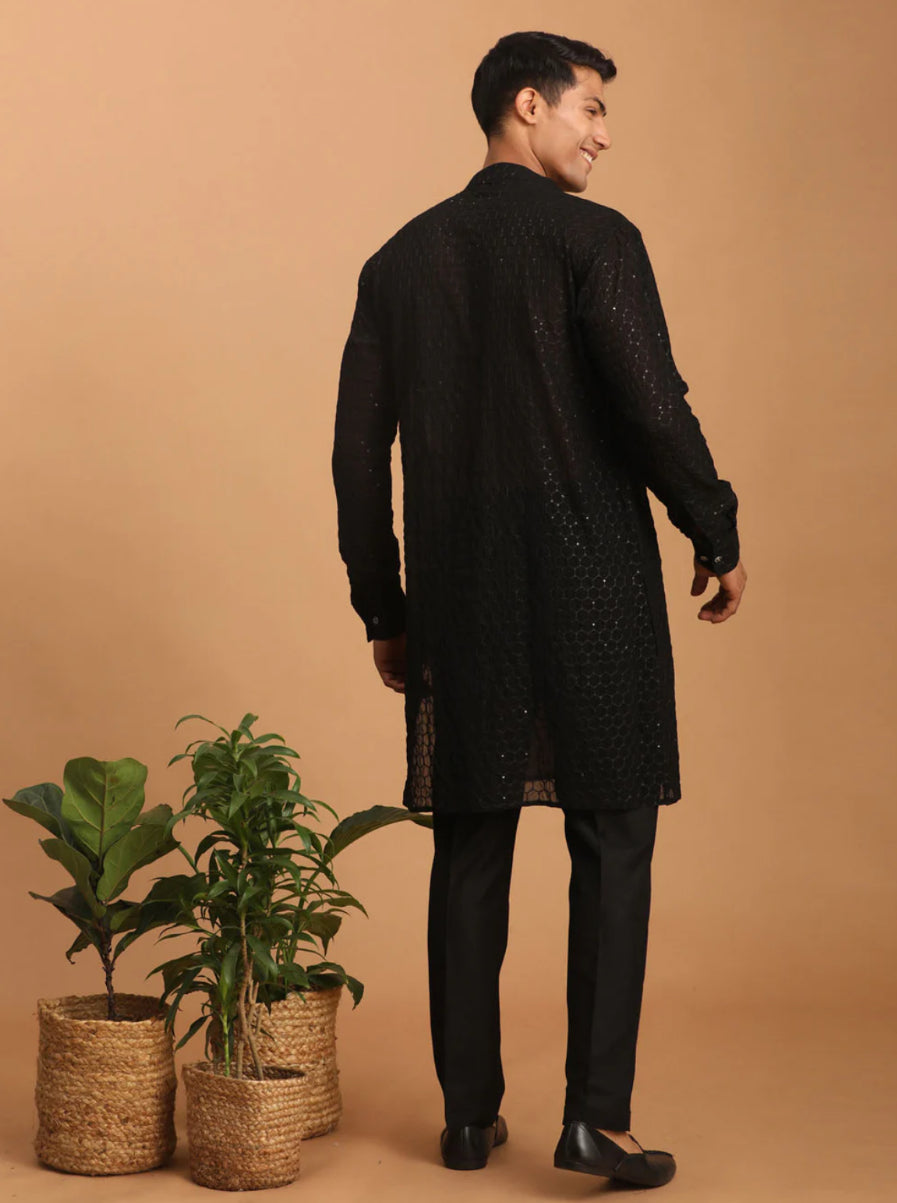 Kurta Pantalon coupe droite Noir en Georgette et sequins à col dégagé