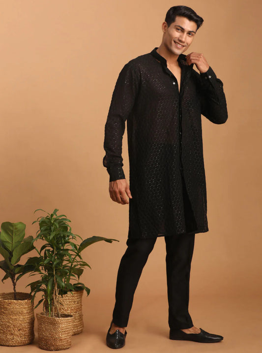 Kurta Pantalon coupe droite Noir en Georgette et sequins à col dégagé