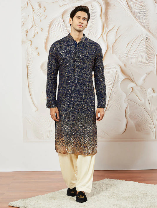Kurta Pantalon Patiala Bleu Nuit Sequins Dorés en Georgette