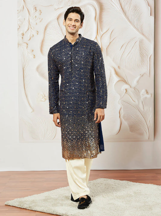 Kurta Pantalon Patiala Bleu Nuit Sequins Dorés en Georgette