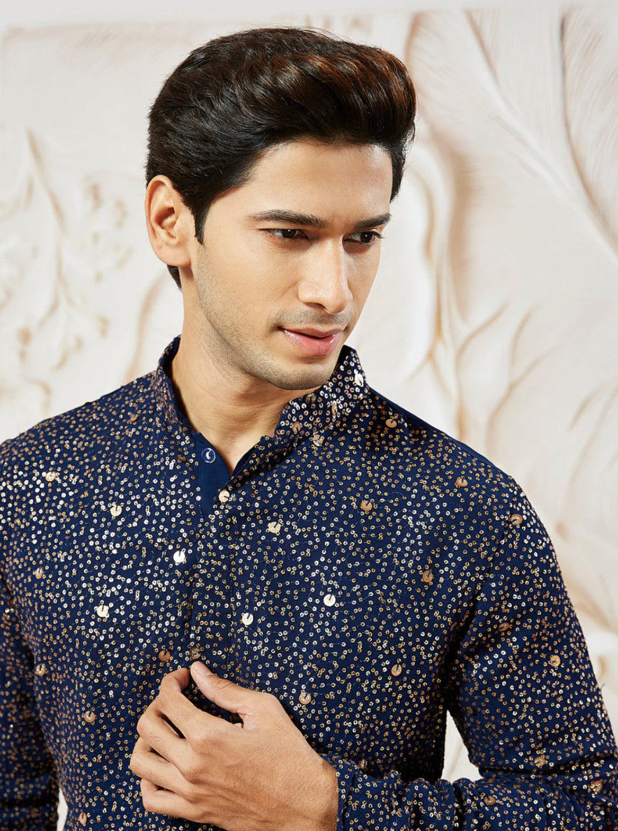 Kurta Pantalon Patiala Bleu Nuit Sequins Dorés en Georgette