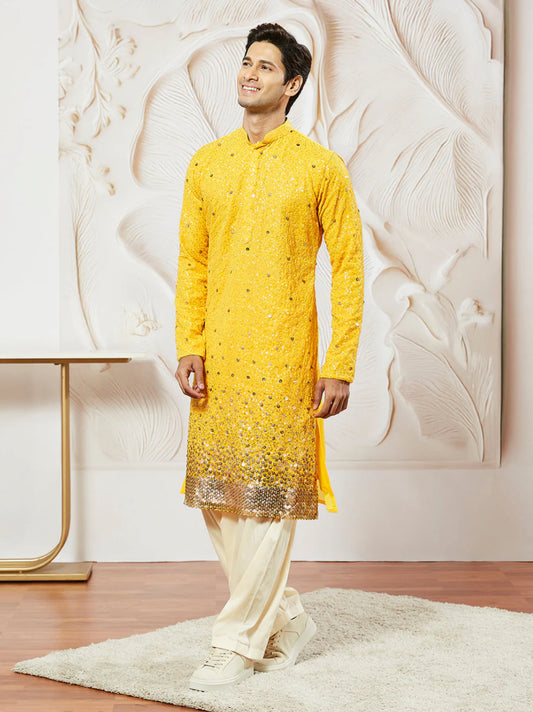 Kurta Pantalon Patiala Jaune Vif Sequins Dorés en Georgette