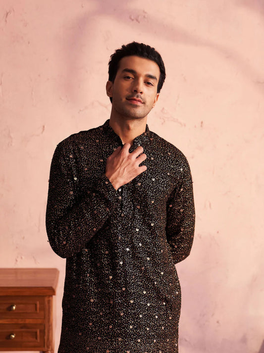 Kurta Pantalon Patiala Noir Intense Sequins brodés en Georgette Zari