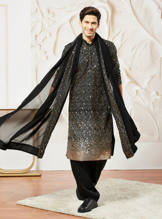 Kurta Pantalon Patiala Noir Profond en Georgette avec Dupatta COLLECTION YUVRAJ