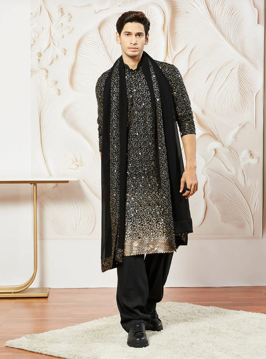 Kurta Pantalon Patiala Noir Profond en Georgette avec Dupatta COLLECTION YUVRAJ