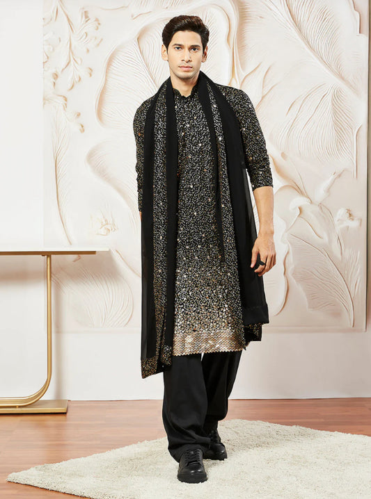 Kurta Pantalon Patiala Noir Profond en Georgette avec Dupatta COLLECTION YUVRAJ