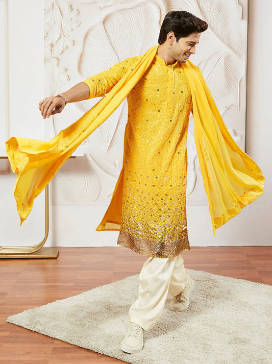 Kurta Pantalon Patiala Jaune Vif en Georgette avec Dupatta COLLECTION YUVRAJ
