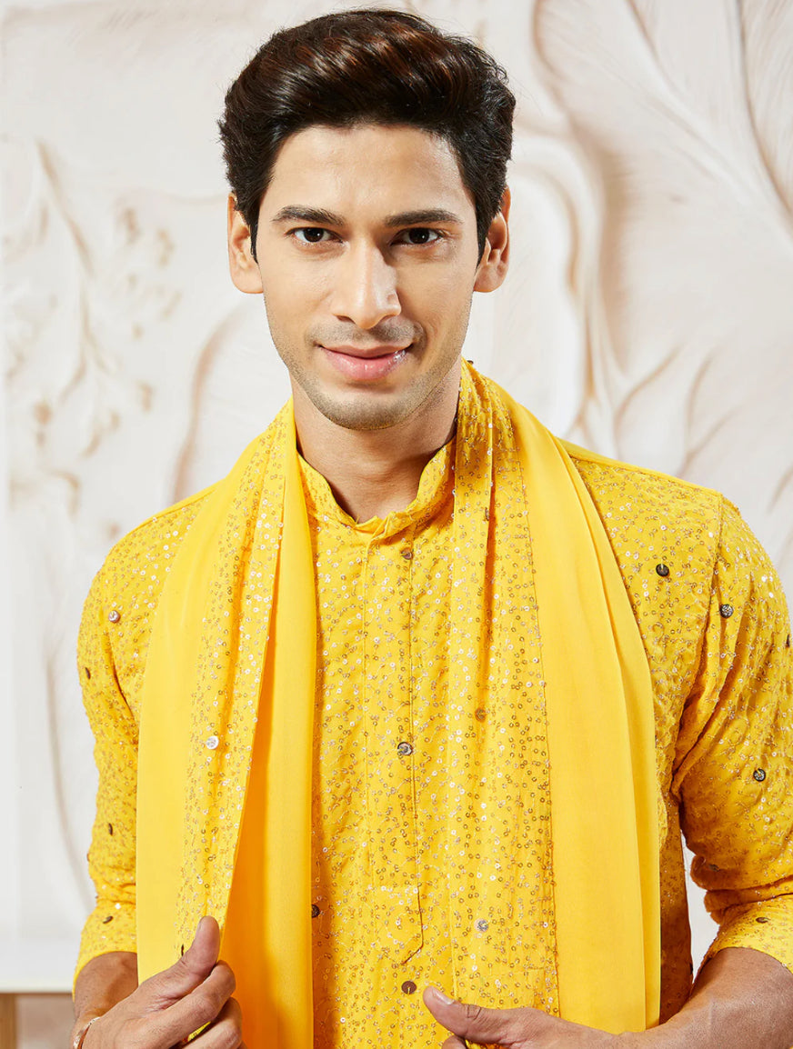 Kurta Pantalon Patiala Jaune Vif en Georgette avec Dupatta COLLECTION YUVRAJ