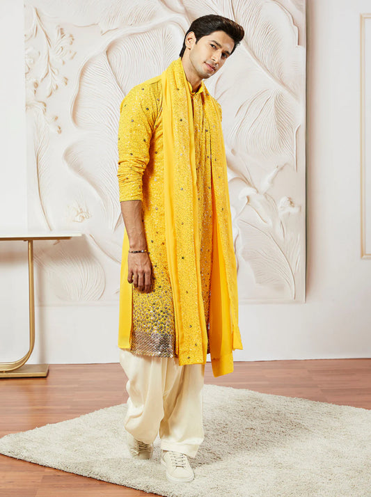 Kurta Pantalon Patiala Jaune Vif en Georgette avec Dupatta COLLECTION YUVRAJ