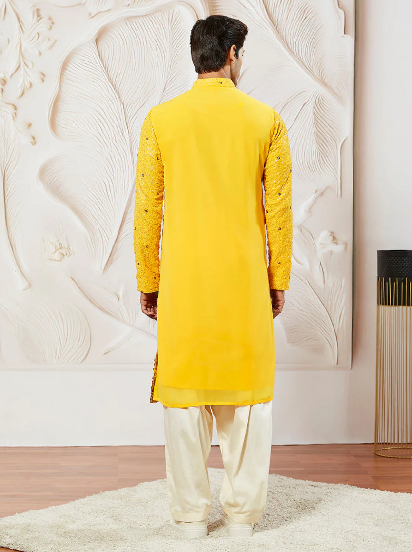 Kurta Pantalon Patiala Jaune Vif en Georgette avec Dupatta COLLECTION YUVRAJ
