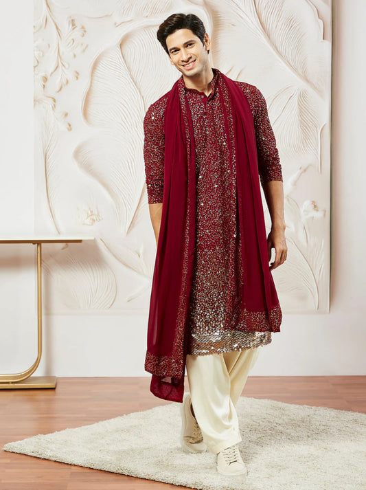 Kurta Pantalon Patiala Rouge Bordeaux en Georgette avec Dupatta COLLECTION YUVRAJ