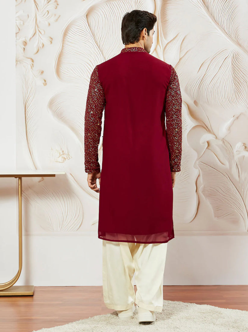Kurta Pantalon Patiala Rouge Bordeaux en Georgette avec Dupatta COLLECTION YUVRAJ