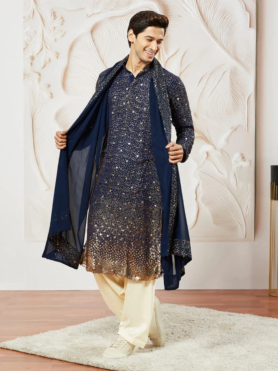 Kurta Pantalon Patiala Bleu Marine en Georgette avec Dupatta COLLECTION YUVRAJ