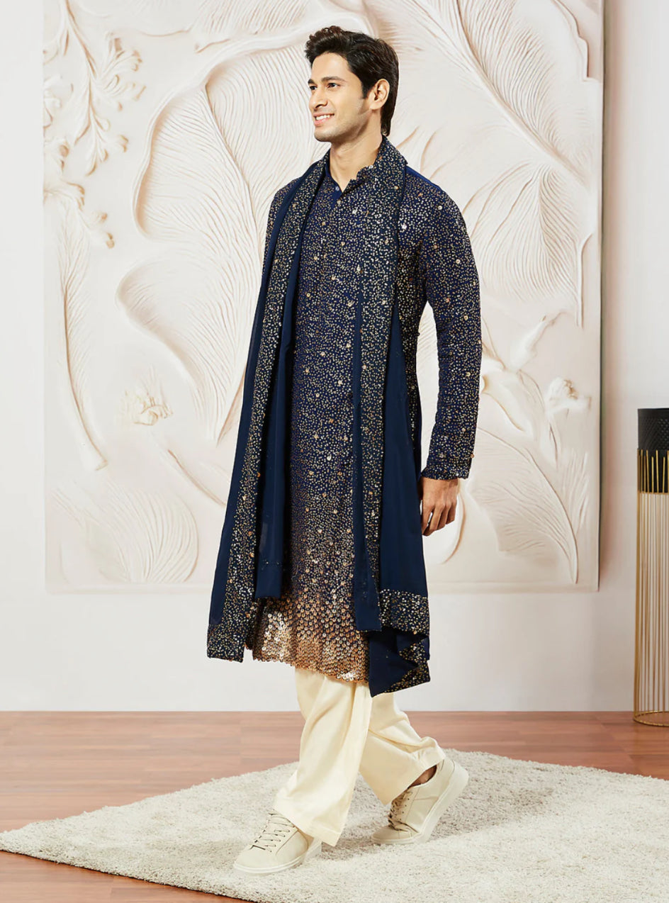 Kurta Pantalon Patiala Bleu Marine en Georgette avec Dupatta COLLECTION YUVRAJ