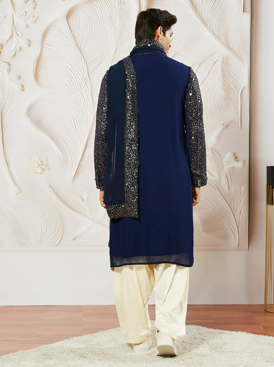 Kurta Pantalon Patiala Bleu Marine en Georgette avec Dupatta COLLECTION YUVRAJ