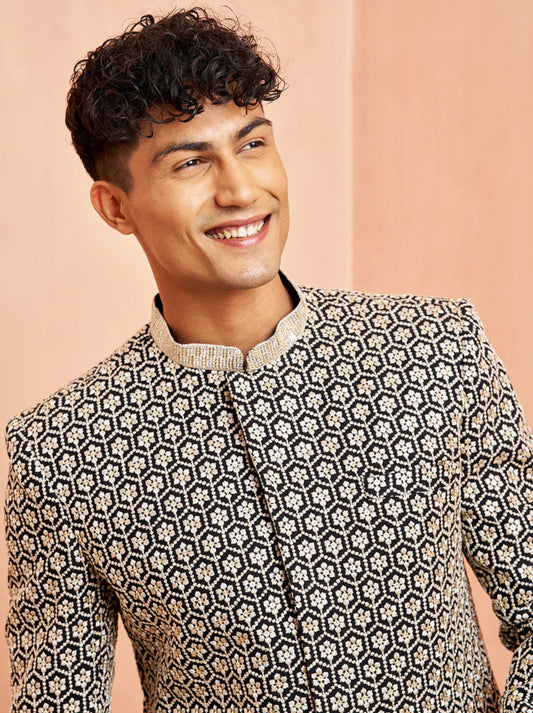 Ensemble Homme Kurta Pantalon noir avec motifs à sequins hexagonaux modernes