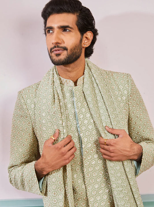 Ensemble Homme Kurta vert pistache de célébration en rayon avec Dupatta et pantalon crème COLLECTION KABIR