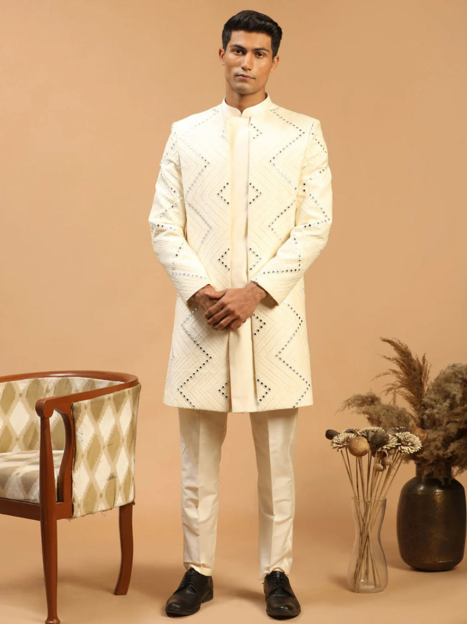 Ensemble Homme blanc crème au motif de miroirs raffiné avec pantalon uni