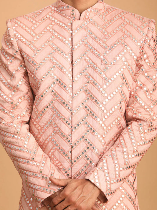 Ensemble Homme Kurta scintillant à motif rose clair avec pantalon uni
