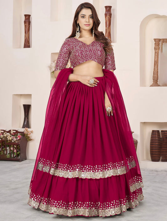 Lehenga rose foncé de fête en georgette et broderies travaillées COLLECTION ANJALI