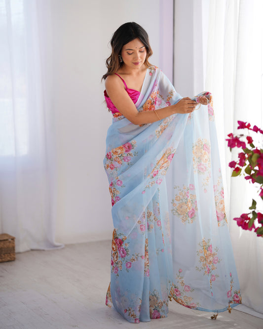 Sari moderne rose et bleu deux tons fleuri COLLECTION ALANA