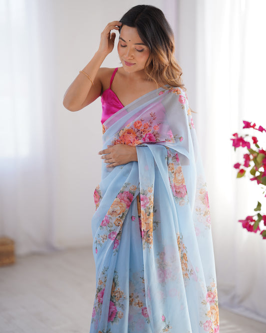 Sari moderne rose et bleu deux tons fleuri COLLECTION ALANA