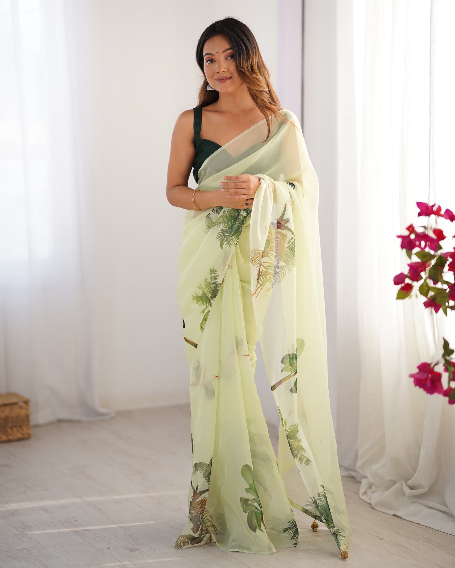 Red sari in handwoven Brasso satin silk with floral motifs
