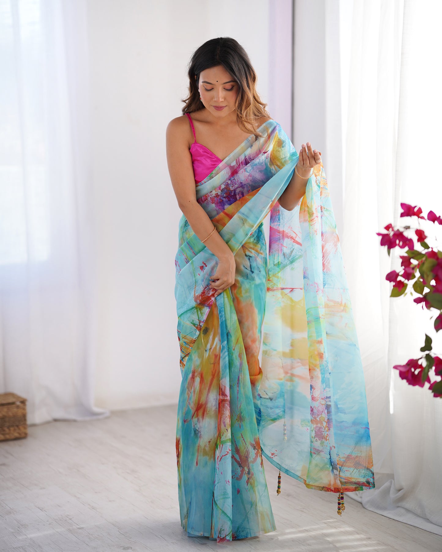 Sari moderne rose et bleu multicolore COLLECTION ALANA
