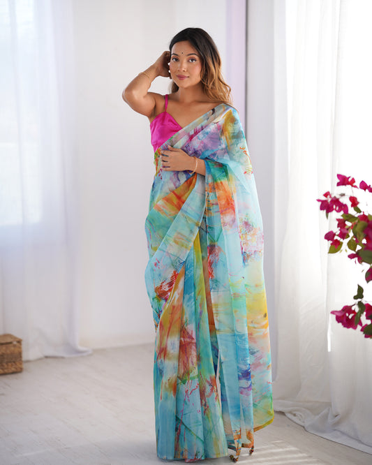 Sari moderne rose et bleu multicolore COLLECTION ALANA