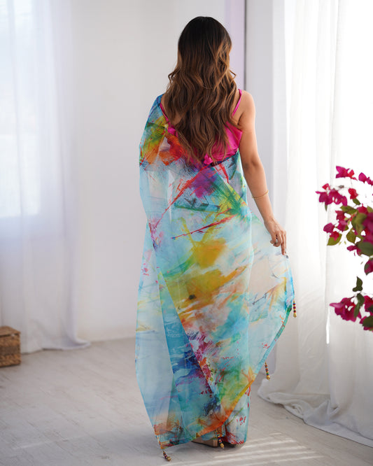 Sari moderne rose et bleu multicolore COLLECTION ALANA