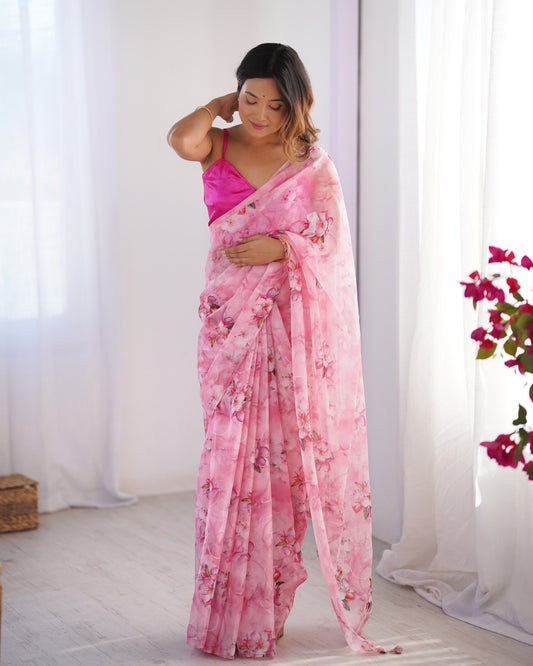 Sari moderne rose deux tons fleuri COLLECTION ALANA