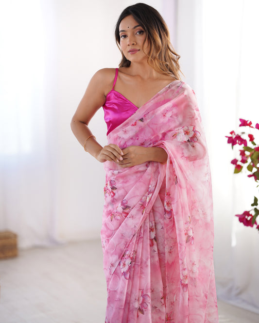 Sari moderne rose deux tons fleuri COLLECTION ALANA