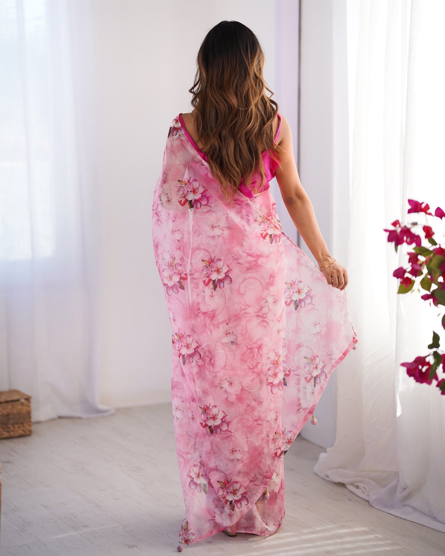 Sari moderne rose deux tons fleuri COLLECTION ALANA