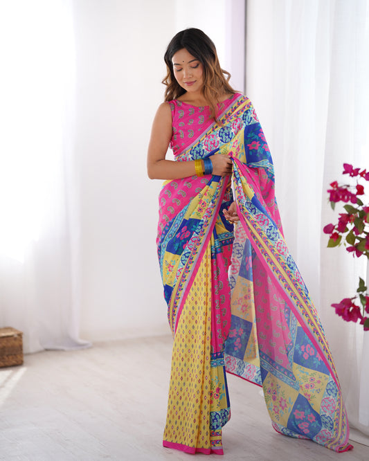 Sari moderne rose et bleu multicolore imprimé ethnique COLLECTION ALANA