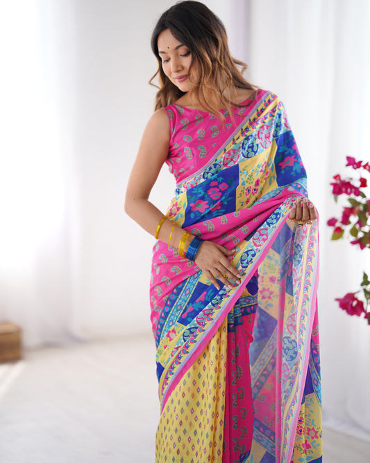 Sari moderne rose et bleu multicolore imprimé ethnique COLLECTION ALANA
