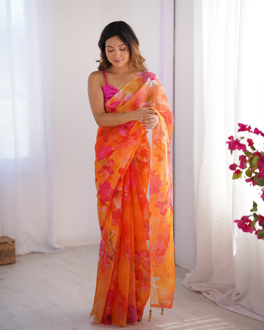 Sari moderne rose fuchsia orange deux tons fleuri COLLECTION ALANA