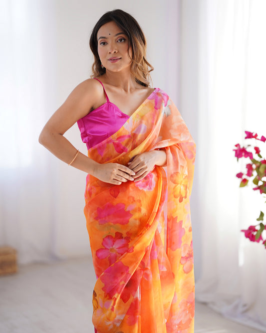 Sari moderne rose fuchsia orange deux tons fleuri COLLECTION ALANA