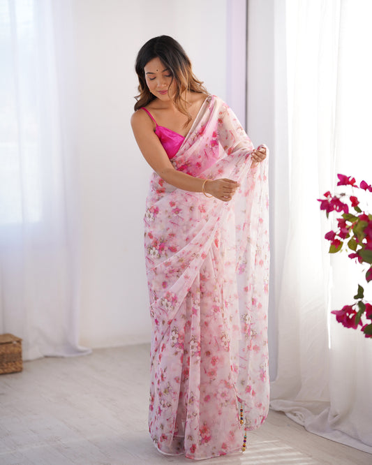 Sari moderne rose fuchsia deux tons fleuri COLLECTION ALANA