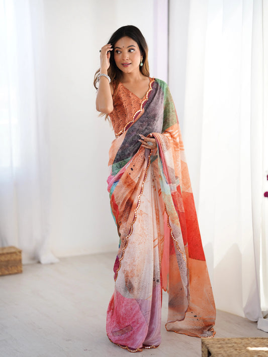 Sari en chinon orange clair multicolore avec finitions miroirs COLLECTION SONIYA