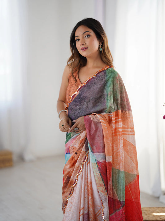Sari en chinon orange clair multicolore avec finitions miroirs COLLECTION SONIYA