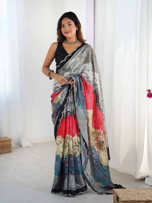 Sari en chinon noir multicolore avec finitions miroirs COLLECTION SONIYA