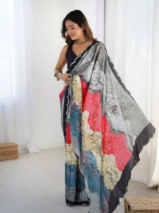 Sari en chinon noir multicolore avec finitions miroirs COLLECTION SONIYA